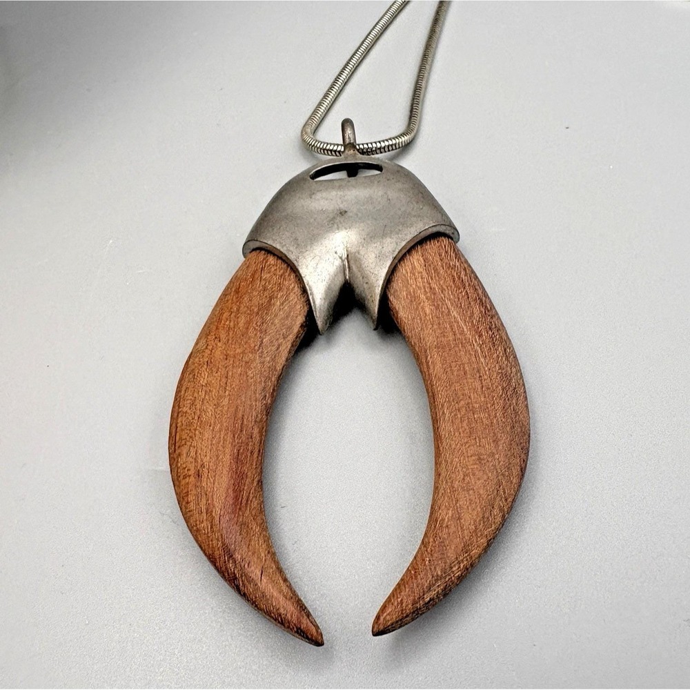Rare Alexis Kirk Pewter and Wood Tusk Pendant Signed Runway Statement 1970s READ